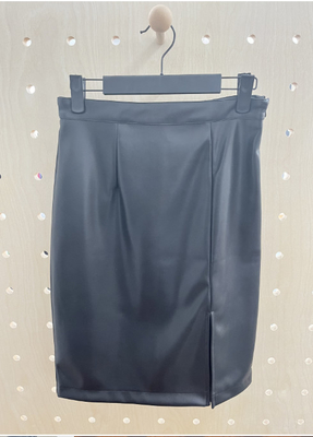 Straight Black Pu Knit Skirt With Front Slit