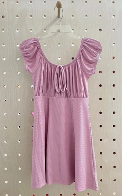 Mauve color 2*2 Knit Rib Dress With Puff Sleeve
