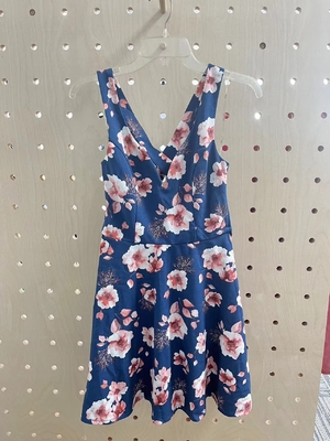 Navy Print Wide Straps Dress With V Neck Trim