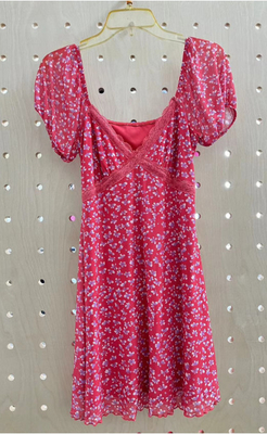 Red Floral Mesh Knit Dress With Lace Trim