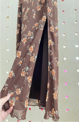 Brownflower Printed Mesh Midi Skirt With Elastic Trim