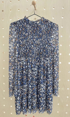 Printed Mesh knit Smocking Dress With Long Sleeve