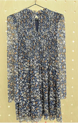 Printed Mesh knit Smocking Dress With Long Sleeve