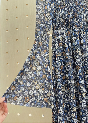 Printed Mesh knit Smocking Dress With Long Sleeve