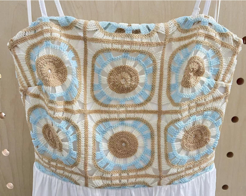 Whiteblue Color Knit Crochet Top  Tiered Dress