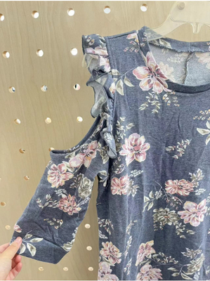 Hollowed Out Mid-Sleeve Print French Terry Dress Greyflower