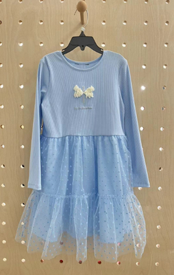 cute babyblue flocking-mesh kids long sleeve bubble  dress