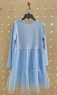 cute babyblue flocking-mesh kids long sleeve bubble  dress