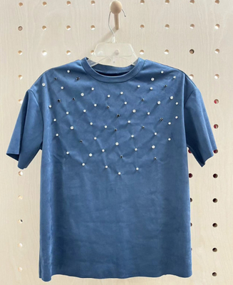 Luxurious rhinestone-embellished indigo suede T-shirt