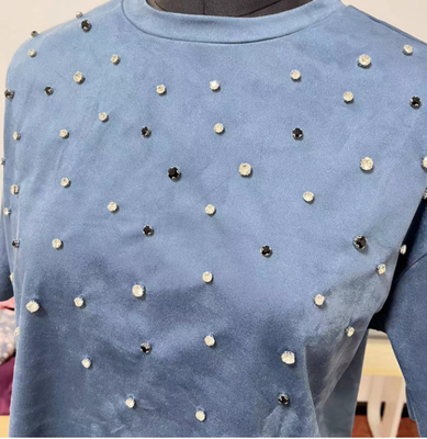 Luxurious rhinestone-embellished indigo suede T-shirt